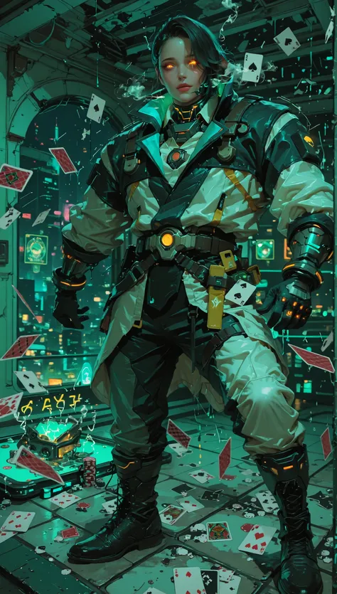 Original photo, Super Realistic Portraits, 8k, Perfect Anatomy, Hidden Cyberpunk Casino Beneath a Neon-Steeped Undersea City, Holographic Playing Cards Floating in Smoky Air, More Gamblers with Glowing Cyber-Eyes, Cinematic Cybernoir Dripping from Broken C...