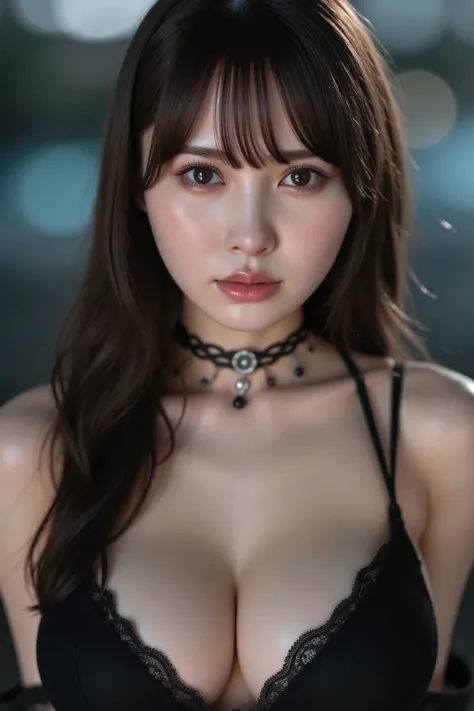 High-resolution photo of a young Japanese woman.
16K, masterpiece, high quality, ultra detailed, photorealistic, natural lighting, 
1girl, beautiful hair, big cleavage, (black bra, goth fashion, choker),
her eyes are seductive, loving gaze, looking at view...