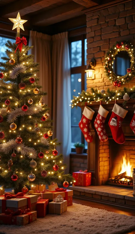 "Cozy Christmas living room interior, beautifully decorated tall Christmas tree with glowing warm lights, red and gold ornaments, silver tinsel garlands, star on top, pile of colorful wrapped gift boxes with ribbons and bows under the tree, roaring firepla...