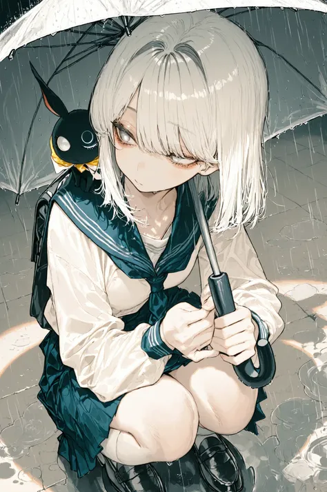 Melancholic girl,Light black eye circle,school uniforms, holding umbrella on shoulder, Squat, Puddle