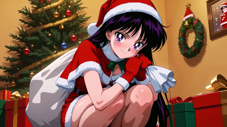 masterpiece, amazing quality, best quality, ultra-detailed, 8K, illustration, clear skin, ultra-detailed-eyes, soft skin, very awa, very as2, soft body, 1990s \(style\), official art, hino rei, black hair, long hair, purple eyes, parted bangs, small breast...