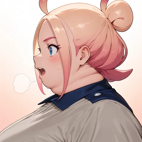 taunie, aged up, taunie \(pokemon\), pink hair, blonde hair, gradient hair, multicolored hair, single hair bun, ahoge, blue eyes, short hair, sidelocks, masterpiece,best quality,amazing quality,bulging belly, fat, chubby, obese, open mouth, out of breath, ...