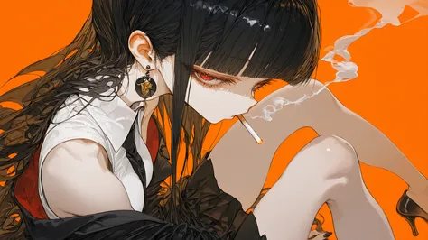  c2Fn, 1girl, solo, black hair, long hair, cigarette, necktie, jacket, smoking, shirt, jewelry, high heels, black necktie, earrings, simple background, looking at viewer, black nails, black jacket, smoke, white shirt, black footwear, collared shirt, nail p...
