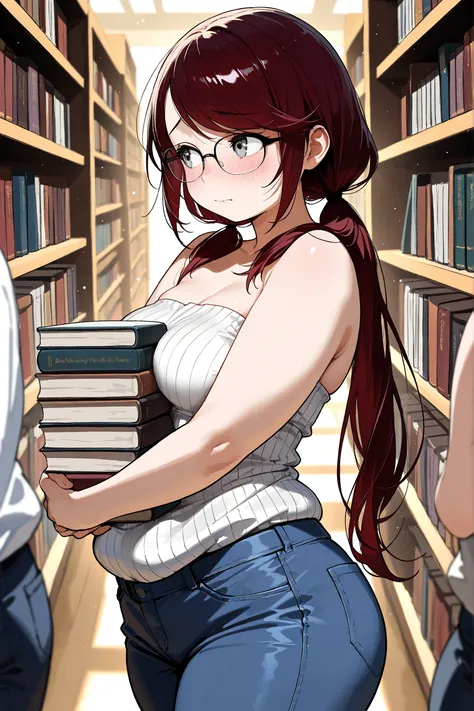 (masterpiece:1.2, Best Quality), (finely detailed beautiful eye: 1.2), (beautiful detailed face), close up, torso focus, ((carrying heavy stack of books in front of her which press into her soft body)), books pressing against her belly, glasses, 1girl, sh...