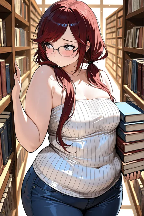 (masterpiece:1.2, Best Quality), (finely detailed beautiful eye: 1.2), (beautiful detailed face), close up, torso focus, ((carrying heavy stack of books in front of her which press into her soft body)), books pressing against her belly, glasses, 1girl, sh...