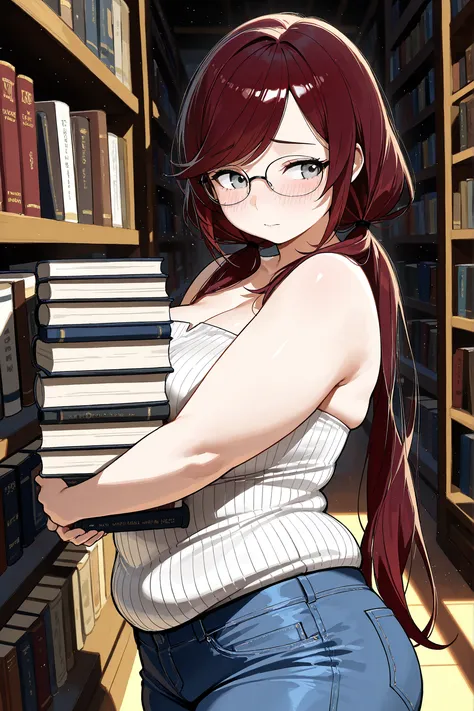 (masterpiece:1.2, Best Quality), (finely detailed beautiful eye: 1.2), (beautiful detailed face), close up, torso focus, ((carrying heavy stack of books in front of her which press into her soft body)), books pressing against her belly, glasses, 1girl, sh...