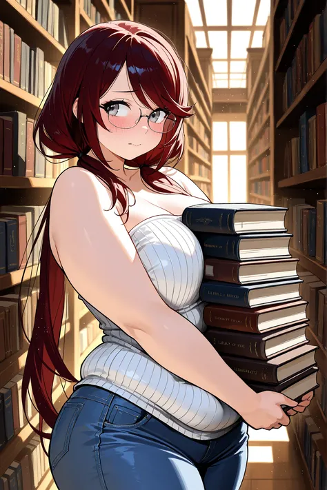 (masterpiece:1.2, Best Quality), (finely detailed beautiful eye: 1.2), (beautiful detailed face), ((carrying heavy stack of books in front of her which press into her soft body)), books pressing against her belly, glasses, 1girl, shy, looking to the side,...