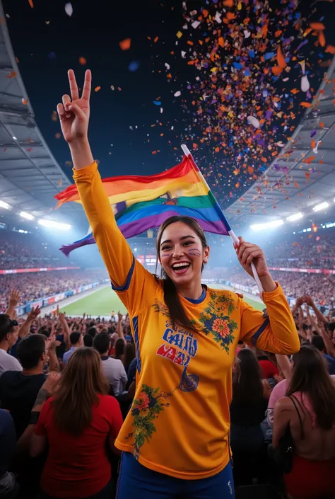v4lt1,An epic, photorealistic wide-angle shot of a jubilant woman at a roaring stadium, her team’s jersey glowing under dramatic floodlights. She raises a massive, rainbow-colored foam finger triumphantly, her face painted in bold streaks of team colors li...