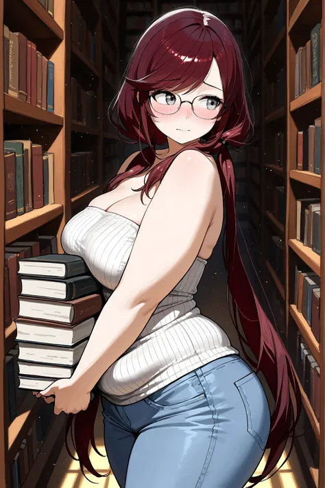 (masterpiece:1.2, Best Quality), (finely detailed beautiful eye: 1.2), (beautiful detailed face), ((carrying heavy stack of books in front of her which press into her soft body)), books pressing against her belly, glasses, 1girl, shy, looking to the side,...