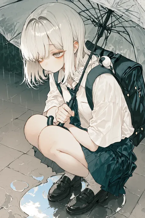 Melancholic girl,Light black eye circle,school uniforms, holding umbrella on shoulder, Squat, Puddle