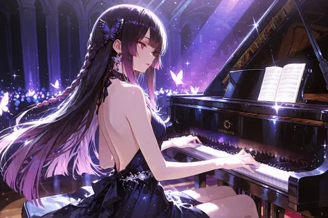 solo girl, (maroon eyes), (long black hair), (purple gradient highlights on the performance stage), (bangs with big front teeth), Dull ends , princess cut side lock, thin braid, butterfly earring, Butterfly Hair Accessory, Expressionless, 
play the piano, ...