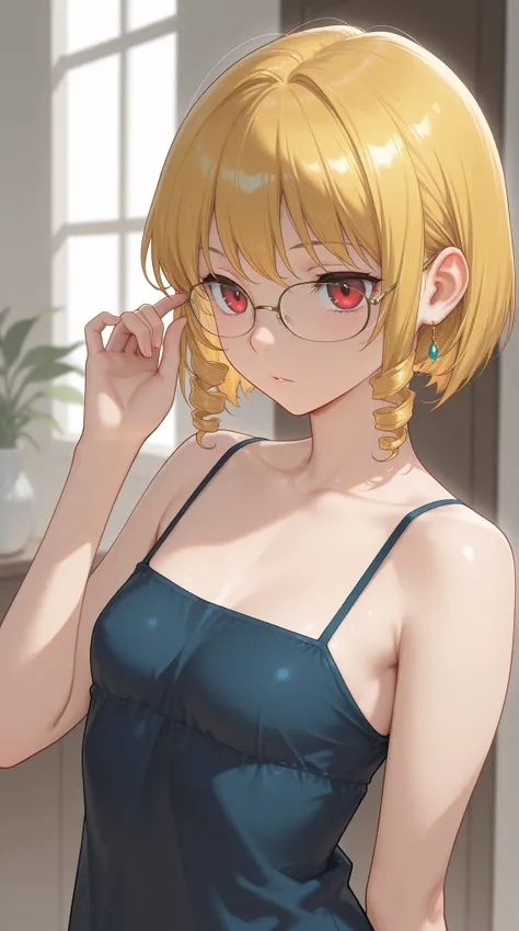 short hair, gold hair,Short Bob Hair, red eyes,Drill Hair, Glasses, very small breasts, High Resolution, correct, top quality, masterpiece, 1 girl, Qi Guotian