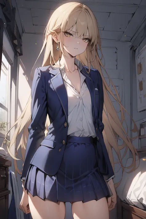 ((masterpiece,top quality:1.2)),(Super-resolution),(1gir),slender,((Female high school girl standing in an intimidating pose in her room and staring at me)),Beautiful Skin,(((thin thighs))),(((Long Golden Hair))),perfect golden eyes, tree eyes ,serious exp...