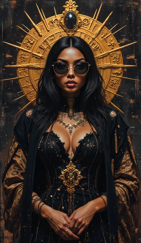 In the style of Neon glitch mosaic surrealism, we see a photo-realistic bizarre portrait of a beautiful, and Charismatic caucasian half black lady of mixed heritage bearing a large gap toothed infectious smile between dimpled cheeks, graceful yet an outca...