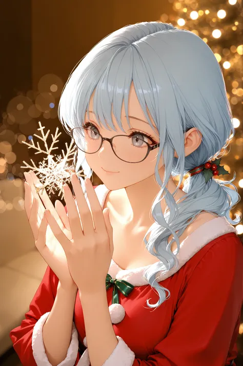 masterpiece, high quality, ultra-detailed, super high resolution, depth of field, absurdres, soft lighting,
1girl, solo, light blue hair, wavy hair, low ponytail hair, gray eyes, glasses, eye catching, beautiful, santa dress:delicate decorations, x-mas, c...