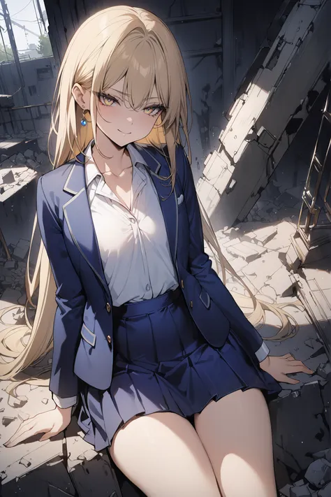 ((masterpiece,top quality:1.2)),(Super-resolution),(1gir),slender,((Female high school girl sitting on the rubble of a dim abandoned factory and staring at us)),Beautiful Skin,(((thin thighs))),(((Long Golden Hair))),perfect golden eyes, tree eyes ,Serious...