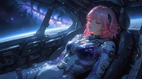 girl in a flight suit, Long pink hair, Starlight, drifting in zero gravity, spaceship cockpit, Tired sleeping figure, , leaning against a seat, face, calm and protected, sky, full of stars in the background,   Milky Way , galaxy through glass, Starlight пр...