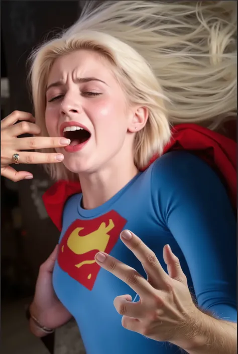 Helen Slater as supergirl、24 years old、small face、big breasts、cute beautiful woman with long blond hair, (light blue bodysuit，she's wearing long-sleeved light blue tight-fitting clothes), Red Super Mini Skirt、In the chest "S" Emblem of、
((Supergirl is gett...