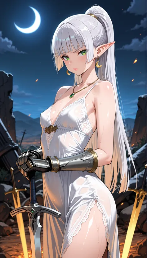 1female,40 years old ,elf,tall,super detailed skin,shiny skin,sweat,,glaring,,,open eyes,,green eyes,eyelashes,lips gloss,,silver hair ,high ponytail,,hime cut,long straight hair,blunt bangs,,,small breasts,beautifully shaped breasts , covered nipples,dres...