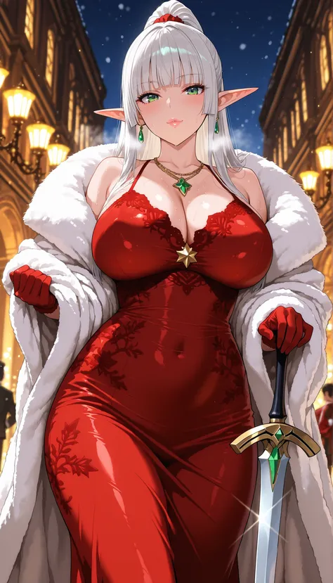 1female,40 years old ,elf,tall,shiny skin,sweat,seductive face,,flushed cheeks,green eyes,eyelashes,lips gloss,,silver hair ,high ponytail,,hime cut,long straight hair,blunt bangs,,,large breasts , covered nipples,erected nipples,christmas dress ,,red lace...