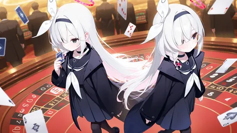 plana \(blue archive\) black eyes,long hair, white hair,braid,bow hairband,halo,choker,black long coat, black pantyhose, 1girl, detailed, masterpiece, blush, walking, casino, Playing cards, roulette,
