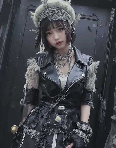  Exquisite Art, extreme details, Amazingly Beautiful Short Haired Girls, Light Brown Short Hair Style, Gothic Lolita Style, Unique personality,  Multi-layer Black Leather Bracelets, Skull Silver Necklace, Multiple Metal Earrings Earrings, Deep Black Matte ...