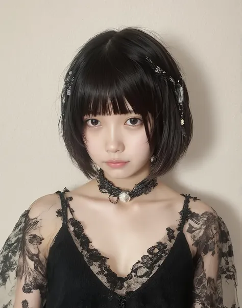 high image quality、masterpiece、Realistic、((Please make the correct human body configuration))、(((angle in front)))、 (((gothic lolita fashion)))、dark brown bob、((Background is pale coral pink))、Smile、(((angle in front)))、((blur background))、((eye closeup sh...