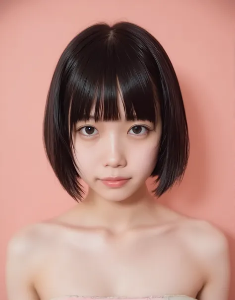 high image quality、masterpiece、Realistic、((please make the correct human body configuration))、(((angle in front)))、 (((gothic lolita fashion)))、Dark brown random bob、((Background is pale coral pink))、Smile、(((angle in front)))、((blur background))、((eye clo...