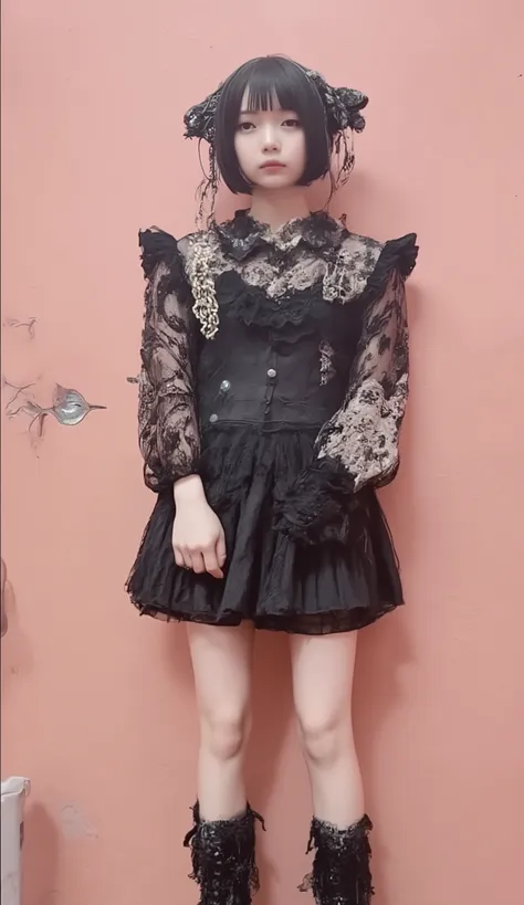(masterpiece:1.2), (top quality:1.2), 8k, super real, natural skin texture, (((gothic lolita fashion)))、dark brown bob、((The background is pale pale coral pink))、((Full Body Picture)),Smile、(((angle in front)))