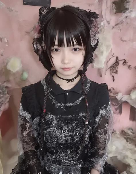 high image quality、masterpiece、Realistic、((please make the correct human body configuration))、(((angle in front)))、 (((gothic lolita fashion)))、Dark brown random bob、((Background is pale coral pink))、Smile、(((angle in front)))、((blur background))、((eye clo...