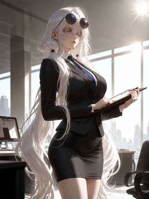 eyewear on head, round eyewear,white hair, white eyelashes, blue eyes,gojou satoru, genderswap \(mtf\),748cmstyle,masterpiece, best quality, amazing quality, absurdres, 8k, perfect eyes, thick painted, semi-realism art, semi-realism art style, exquisite de...