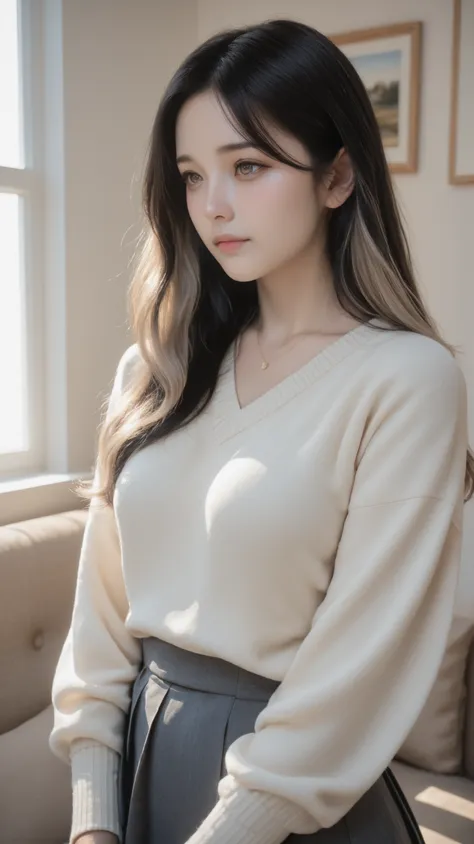 A realistic digital photograph of a young japanese girl with absolutely long hair reacheding her hip, silky black hair, bang hair. curl softly. in her early twenties, her breasts are pretty small,
with very long ash beige hair that glows in the morning su...