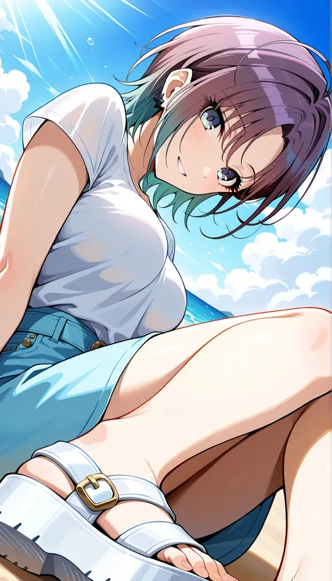 (((Toru Asakura))),(((medium breasts))),light blue skirt,White shirt,beach,short hair,low angle,Ulchan-6500-v1.1, ( RAW photos :1.2), beautiful detailed, very detailedな目 美しい目,beautiful eyes,blue eyes, Large File Size, high resolution, very detailed, best q...