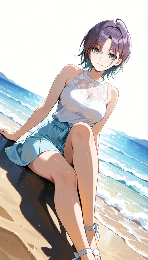 (((Toru Asakura))),(((medium breasts))),light blue skirt,White sleeveless,beach,short hair,low angle,Ulchan-6500-v1.1, ( RAW photos :1.2), beautiful detailed, very detailedな目 美しい目,beautiful eyes,blue eyes, Large File Size, high resolution, very detailed, b...