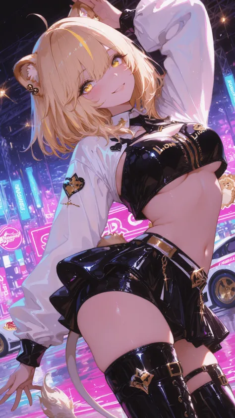 (masterpiece, best quality, ultra-detailed, anime-style, cinematic lighting), a cheerful and energetic anime lion girl, standing proudly with a big bright smile, her eyes sparkling with joy as she looks directly at the viewer.Under boob,
Her hair is long, ...