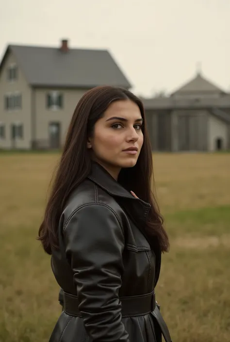 Young woman with ultra smooth brown hair, a two-story farmhouse, a large barn and open fields. The image has a quiet atmosphere and a characteristic sepia filter that adds to the atmospheric mood of The Walking Dead series, em The Walking Dead olhando pra ...