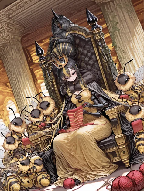 4 arms,傑作、最高品質、8k、(Anthropomorphic queen bee knitting for her many children in a beehive), a woman (anthropomorphic female bee,Very long black hair (yellow highlights), black eyes, antennae,
、 four arms, crown, black queen's cape, white  muffler, yellow qu...