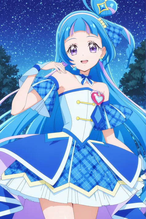 cure wink, kimi to idol precure, blue hair, magical girl, mini crown, purple eyes, blue dress, tilted headwear, very long hair, blunt bangs, bare shoulders, hairband, two-tone hair, purple hair, jewelry, idol clothes, masterpiece, best quality, anime, sour...