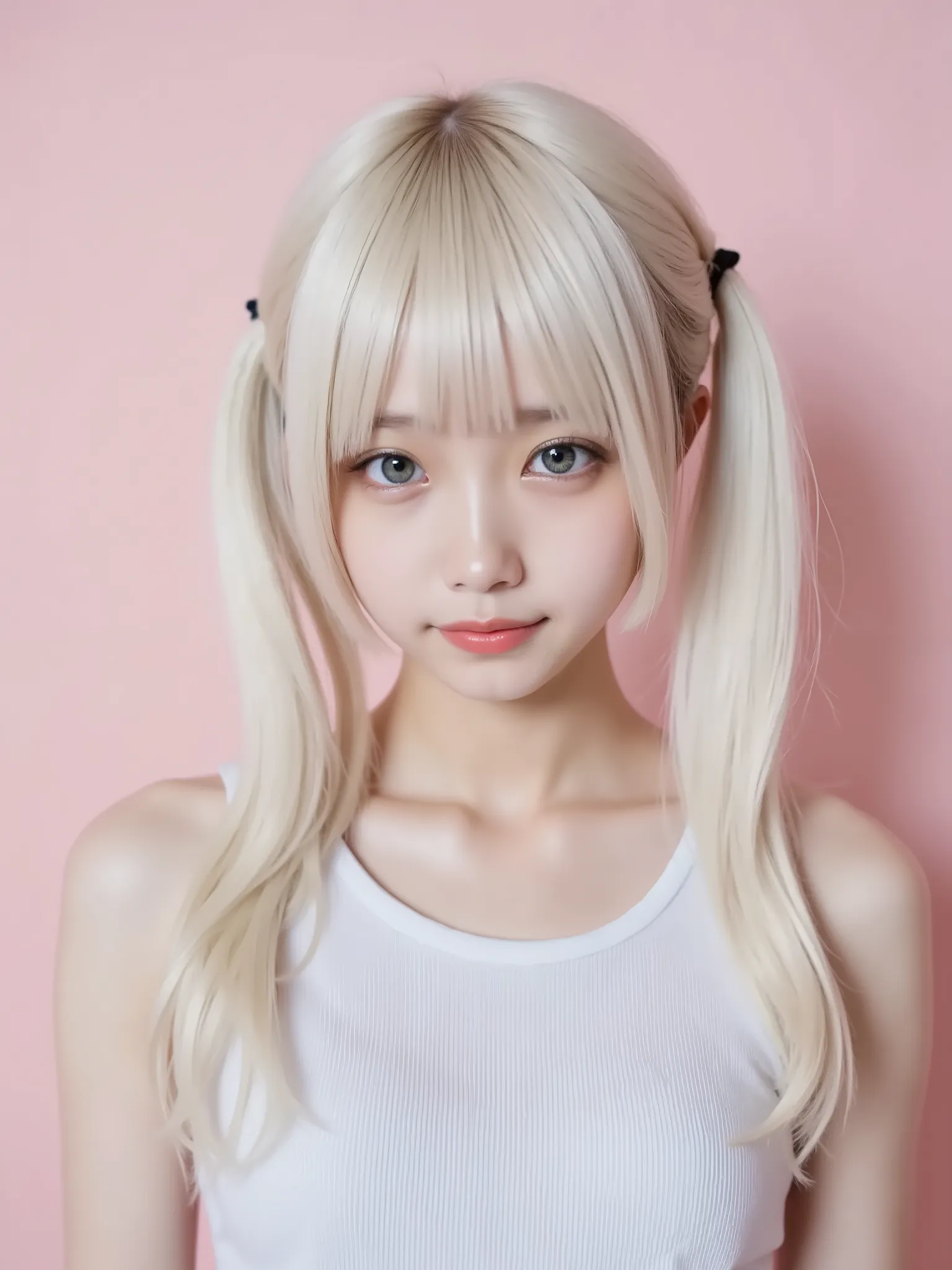 beautiful girl wearing a white tank top, white skin, White Hair Fluttering in the Wind. ,very small breasts, Slim, beautiful face, Stunning beautiful straight hair,   Sparkling pale blue eyes , long, Silky bangs, A woman with super long hair, Shiny white h...