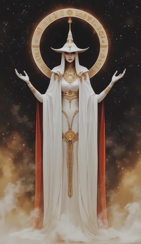 Futuristic robot witch in the enchanted forest、witch hat、cybernetic enhancement、Mechanical edge structure、upper body portrait,Create a mysterious and charming atmosphere,Glittering symbols and runes、shimmering particles、sparkling mist、strong color palette,...