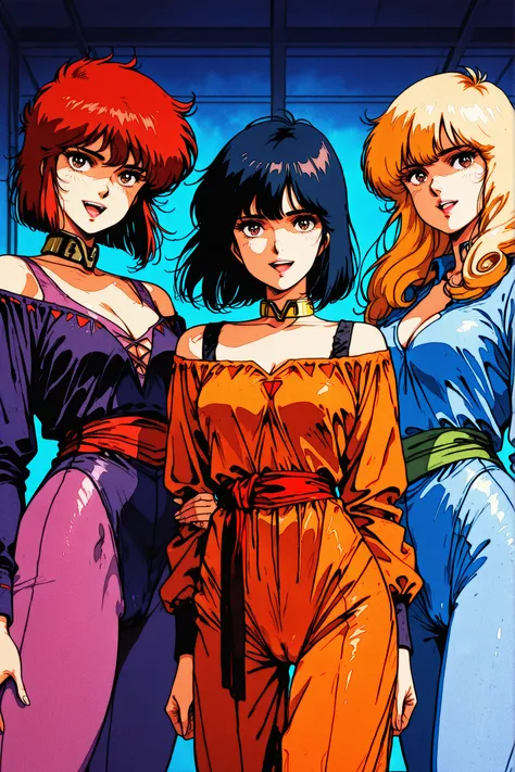 masterpiece,best quality,good quality,newest,
anime coloring,retro artstyle,1980s (style),
looking at viewer,smile,
3girls, cameltoe, red hair, blue hair, yellow hair,
kisugi_rui\(cats_eye\),black brown hair,long hair,curly hair,brown eyes,lipstick,
purple...