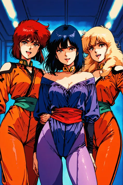 masterpiece,best quality,good quality,newest,
anime coloring,retro artstyle,1980s (style),
looking at viewer,smile,
3girls, cameltoe, red hair, blue hair, yellow hair,
kisugi_rui\(cats_eye\),black brown hair,long hair,curly hair,brown eyes,lipstick,
purple...