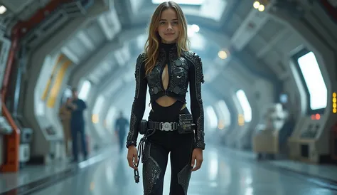 High-quality full-length photo of a ten-year-old girl, in the image of a space fleet engineer, in a tight-fitting, thin and elastic, smaller than the equipment needs, made of super-thin high-tech material with transparent inserts all over the girl's body a...