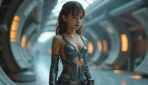 ainno,High-quality full-length photo of a ten-year-old girl, in the image of a space fleet engineer, in a tight-fitting, thin and elastic, smaller than the equipment needs, made of super-thin high-tech material with transparent inserts all over the girl's ...
