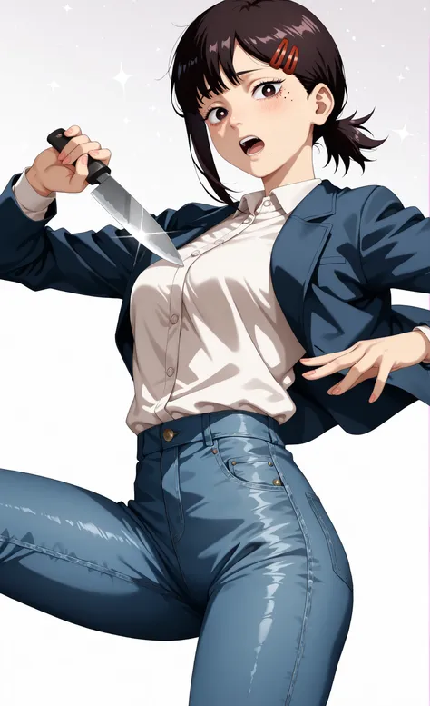 1 girl, solo, Kobeni Higashiyama, Chainsaw Man artstyle, black hair, hair ornament, hair clip, mole, mole under eye, ponytail, short hair, dark brown eyes, pretty eyes, detailed eyes, gradient eyes, long eyelashes, beautiful eyes, beautiful face, perfectly...