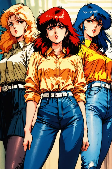 masterpiece,best quality,good quality,newest,
anime coloring,retro artstyle,1980s (style),
looking at viewer bimbo lips,
3girls, milfs, red hair, blue hair, yellow hair, skirt,
kisugi_rui\(cats_eye\),black brown hair,long hair,curly hair,brown eyes,lipsti...