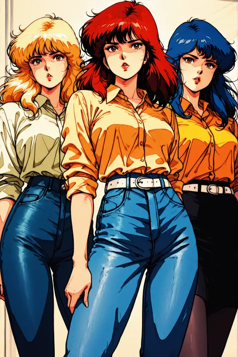 masterpiece,best quality,good quality,newest,
anime coloring,retro artstyle,1980s (style),
looking at viewer bimbo lips,
3girls, milfs, red hair, blue hair, yellow hair, skirt,
kisugi_rui\(cats_eye\),black brown hair,long hair,curly hair,brown eyes,lipsti...