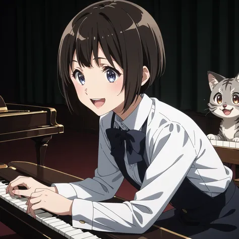 gray pheasant tiger cat、short cut girl with Usopp nearby、 playing the piano、younger, Black-haired character , presumably children or teenagers , , Smile of joy, dynamically drawn , dark gray similar to cats and dogs, background full of stars. They have w...