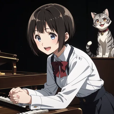 gray pheasant tiger cat、short cut girl with Usopp nearby、 playing the piano、younger, Black-haired character , presumably children or teenagers , , Smile of joy, dynamically drawn , dark gray similar to cats and dogs, background full of stars. They have w...