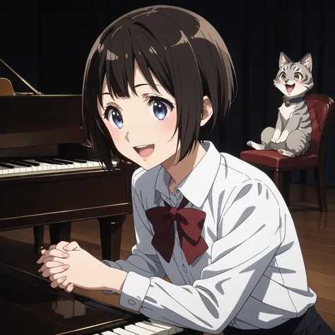 gray pheasant tiger cat、short cut girl with Usopp nearby、 playing the piano、younger, Black-haired character , presumably children or teenagers , , Smile of joy, dynamically drawn , dark gray similar to cats and dogs, background full of stars. They have w...